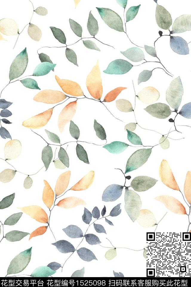绿植树叶小清新水彩数码印花华亿平台下载（图片编号: 1525098） - 瓦栏（Walan）