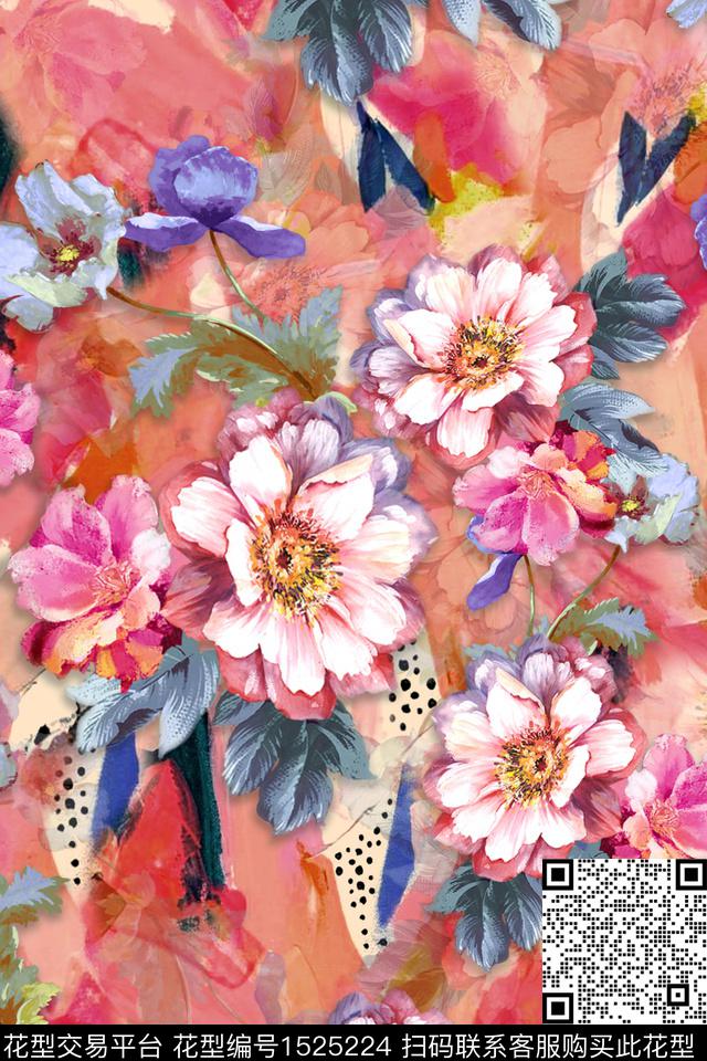 花卉大花水彩数码印花华亿平台下载（图片编号: 1525224） - 瓦栏（Walan）