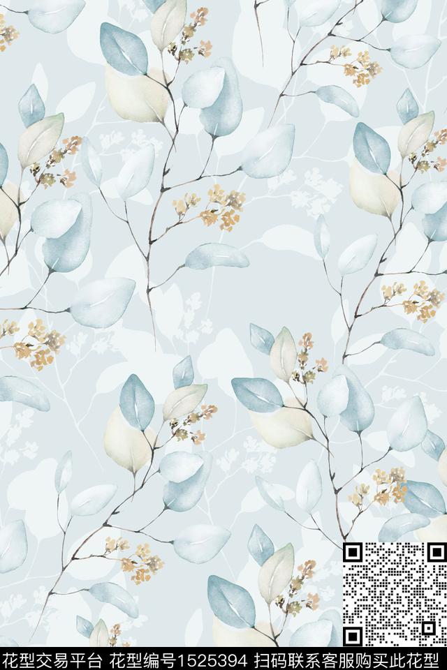 小清新水彩绿植树叶数码印花华亿平台下载（图片编号: 1525394） - 瓦栏（Walan）