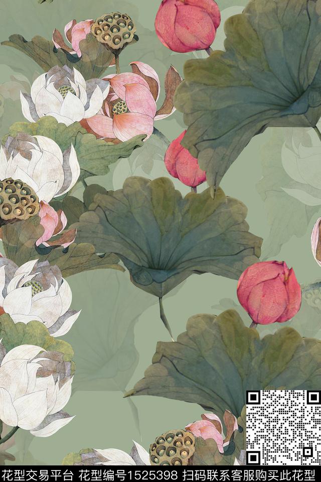 荷花中国风中老年数码印花华亿平台下载（图片编号: 1525398） - 瓦栏（Walan）