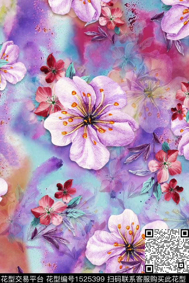 花卉大花水彩数码印花华亿平台下载（图片编号: 1525399） - 瓦栏（Walan）
