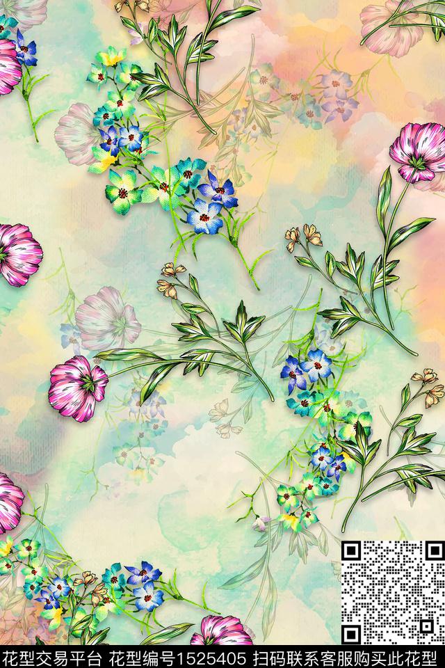 花卉大花水彩数码印花华亿平台下载（图片编号: 1525405） - 瓦栏（Walan）
