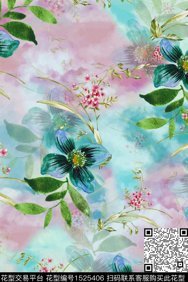 花卉大花水彩数码印花华亿平台下载（图片编号: 1525406） - 瓦栏（Walan）