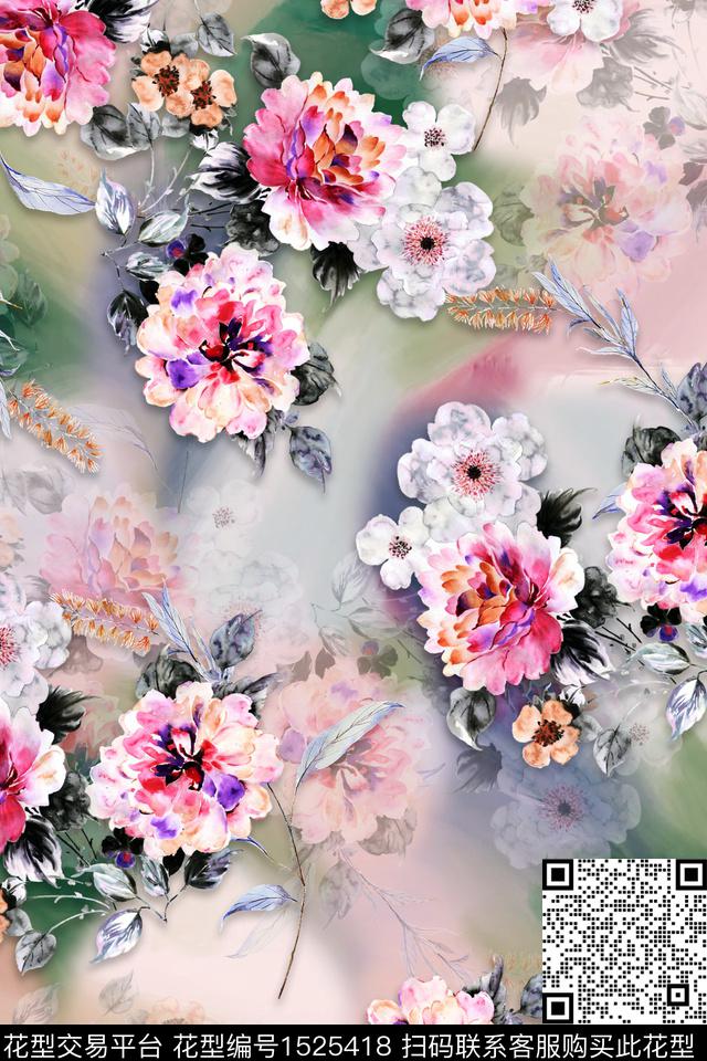 花卉大花水彩数码印花华亿平台下载（图片编号: 1525418） - 瓦栏（Walan）