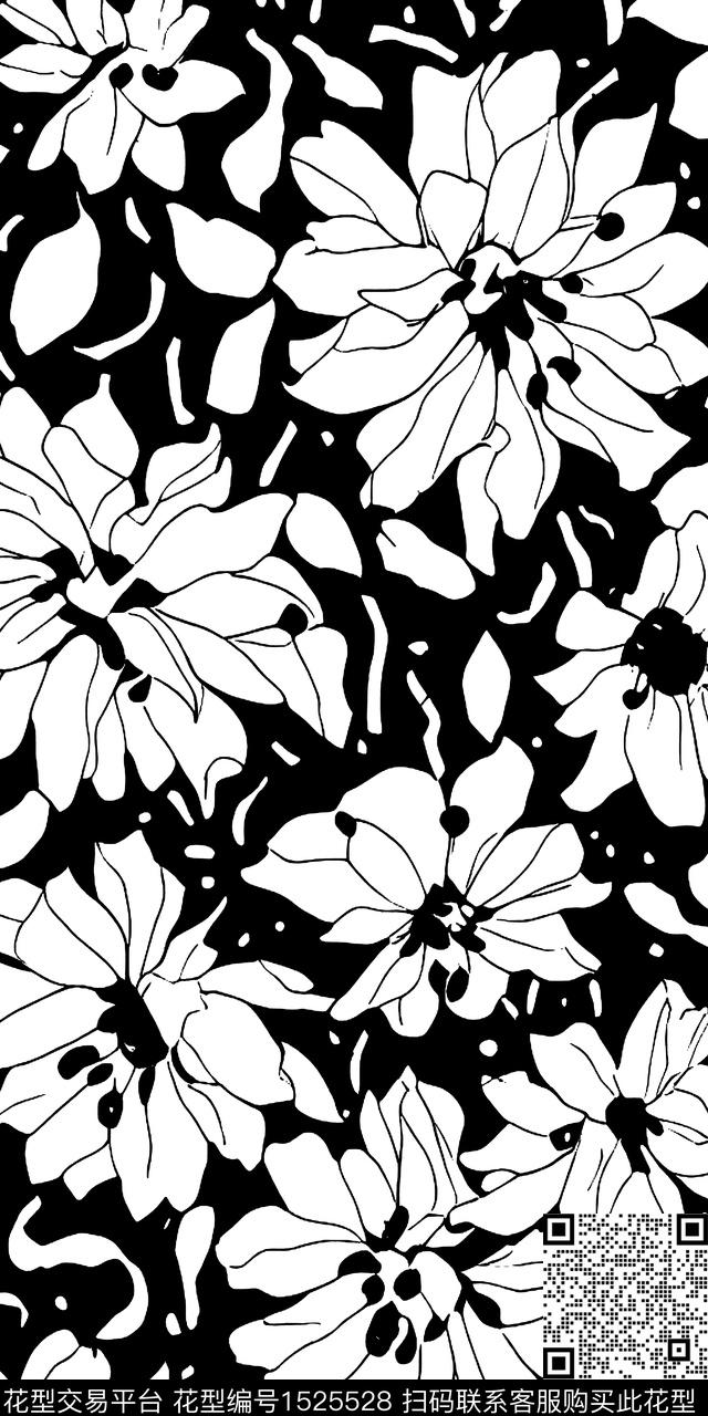 花卉洋阳---花卉黑白华亿平台传统印花华亿平台下载（图片编号: 1525528） - 瓦栏（Walan）