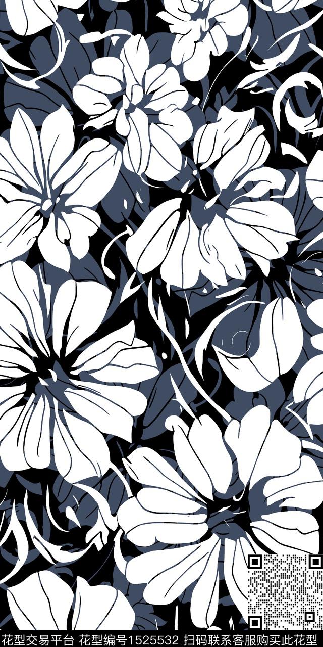 花卉洋阳---花卉黑白华亿平台传统印花华亿平台下载（图片编号: 1525532） - 瓦栏（Walan）