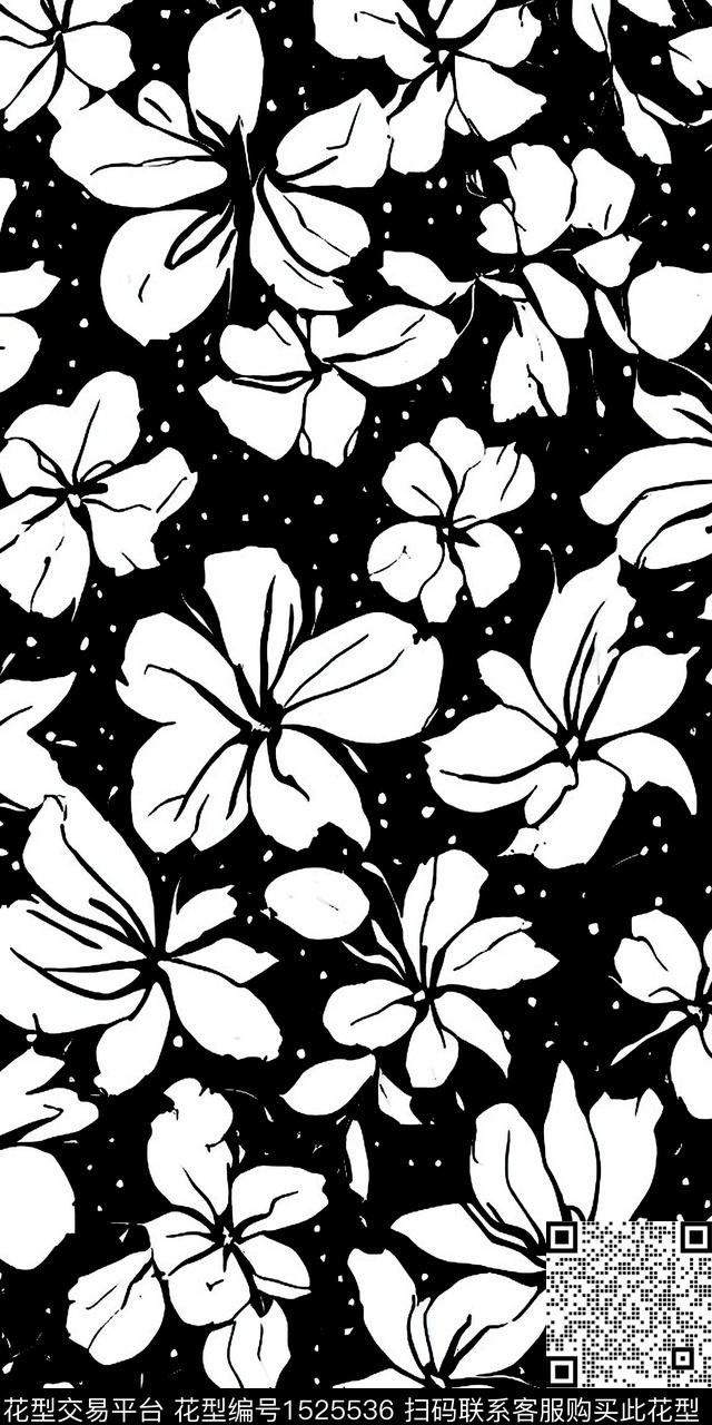 花卉洋阳---花卉黑白华亿平台传统印花华亿平台下载（图片编号: 1525536） - 瓦栏（Walan）