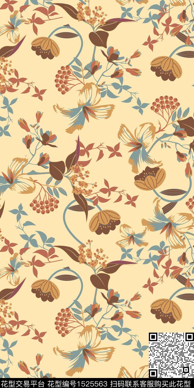 绿植树叶花卉枝条花数码印花华亿平台下载（图片编号: 1525563） - 瓦栏（Walan）