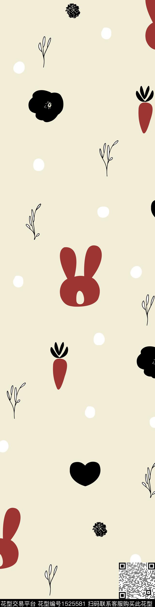 几何花卉黑底花卉兔子数码印花华亿平台下载（图片编号: 1525581） - 瓦栏（Walan）