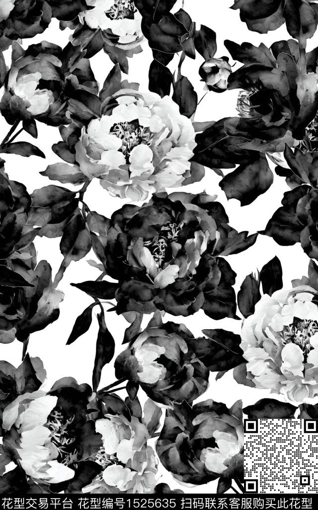 洋阳---花卉黑白华亿平台年轻女性数码印花华亿平台下载（图片编号: 1525635） - 瓦栏（Walan）