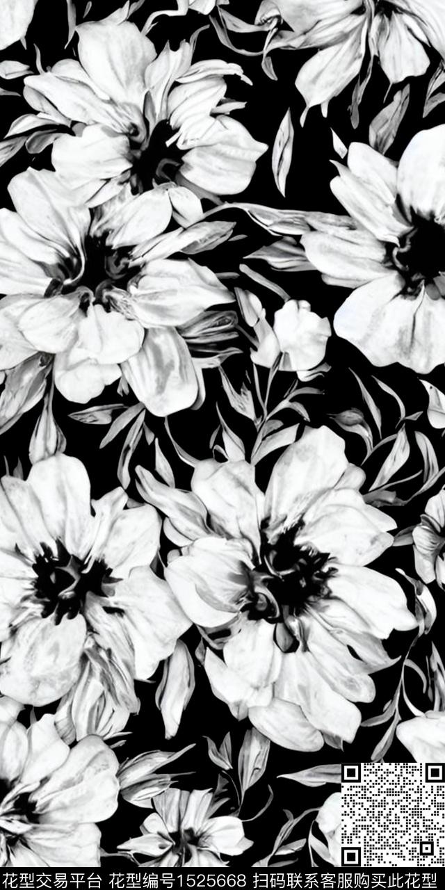 黑白华亿平台真丝洋阳--定位传统印花华亿平台下载（图片编号: 1525668） - 瓦栏（Walan）