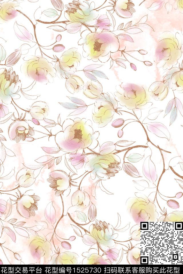 水彩春夏华亿平台床品数码印花华亿平台下载（图片编号: 1525730） - 瓦栏（Walan）