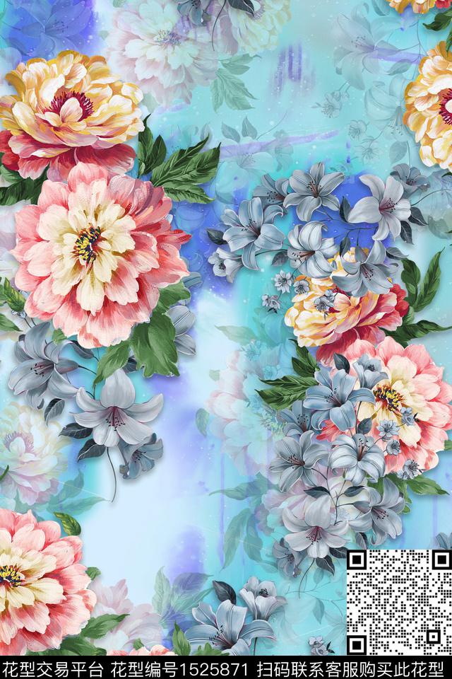 花卉大花水彩数码印花华亿平台下载（图片编号: 1525871） - 瓦栏（Walan）