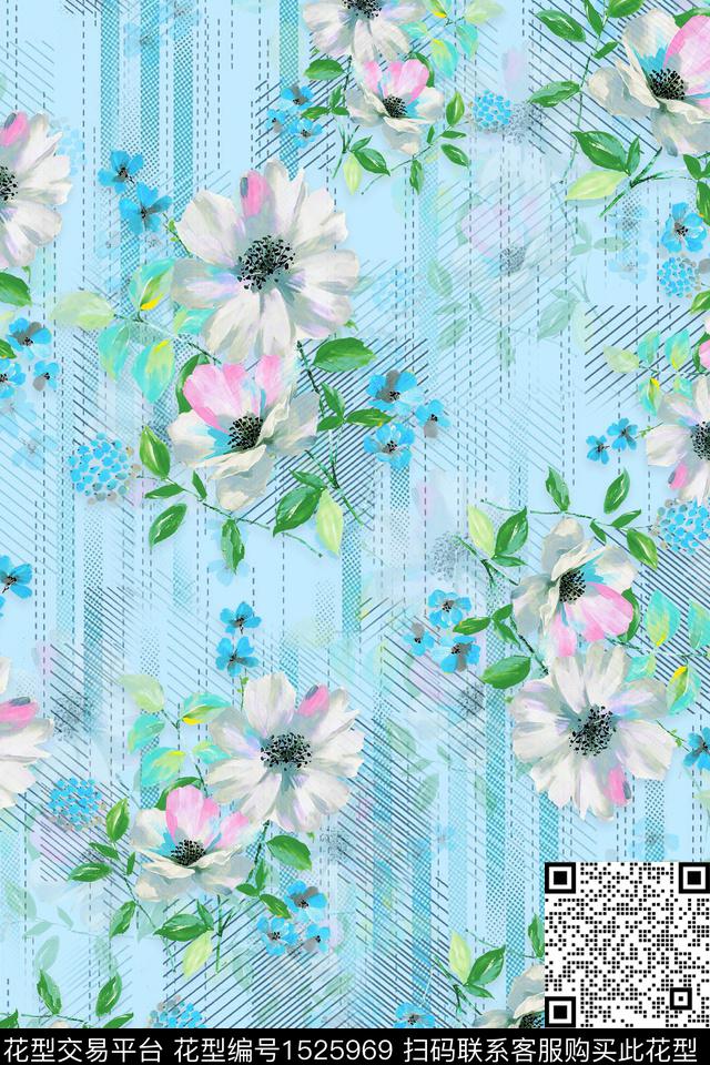 花卉线条几何数码印花华亿平台下载（图片编号: 1525969） - 瓦栏（Walan）