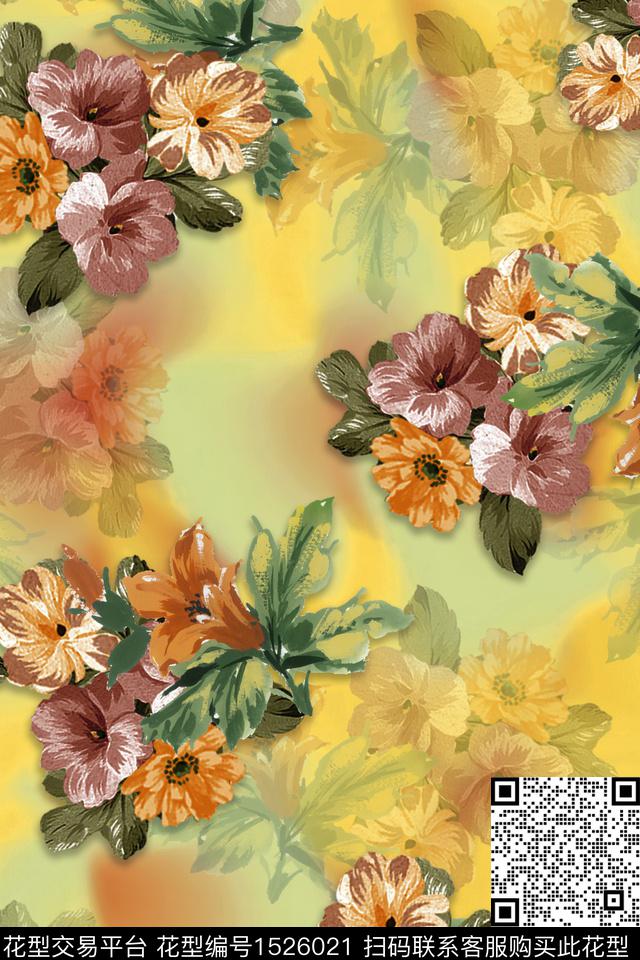 花卉大花水粉数码印花华亿平台下载（图片编号: 1526021） - 瓦栏（Walan）