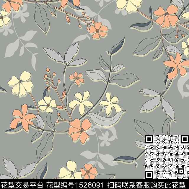 绿植树叶花卉手绘数码印花华亿平台下载（图片编号: 1526091） - 瓦栏（Walan）