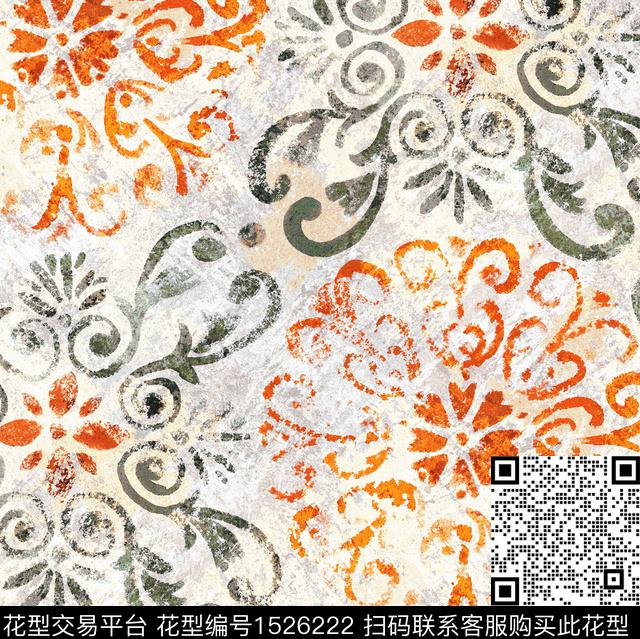 民族风橙色马赛克传统印花华亿平台下载（图片编号: 1526222） - 瓦栏（Walan）