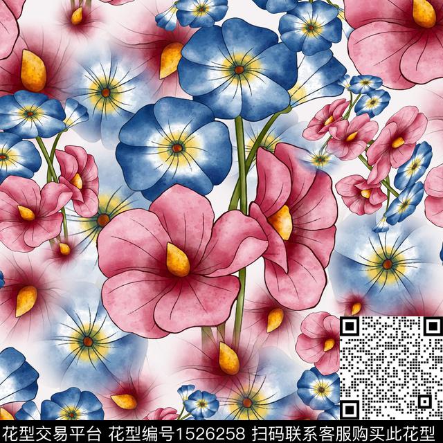花卉水彩花卉渐变数码印花华亿平台下载（图片编号: 1526258） - 瓦栏（Walan）