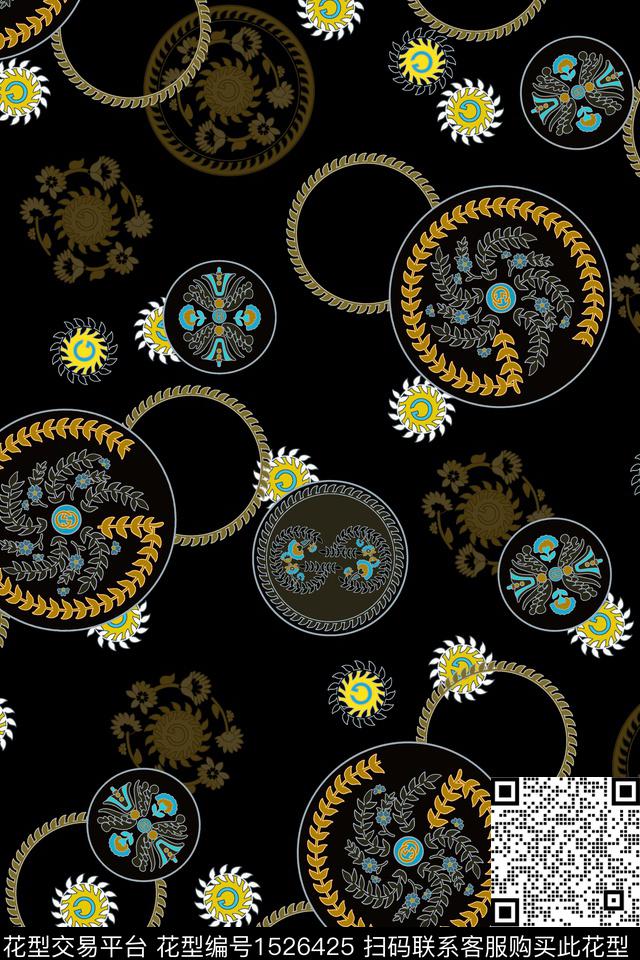 几何花卉中老年黑底花卉数码印花华亿平台下载（图片编号: 1526425） - 瓦栏（Walan）