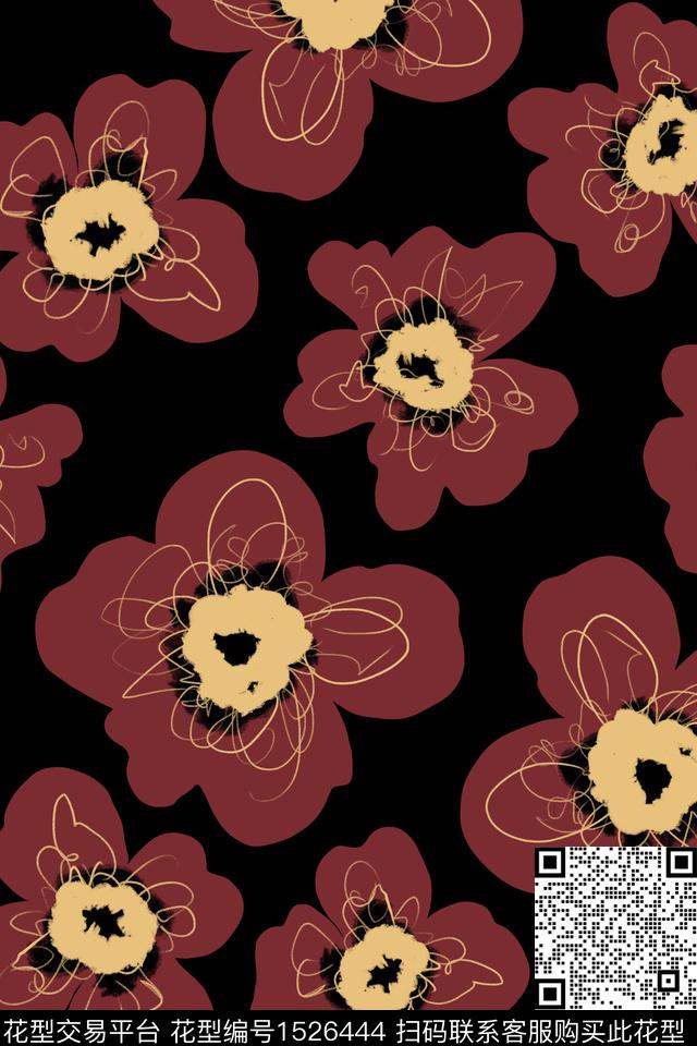 手绘大花真丝黑底花卉数码印花华亿平台下载（图片编号: 1526444） - 瓦栏（Walan）