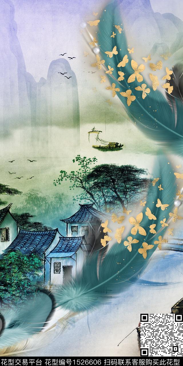 羽毛水墨风风景景观数码印花华亿平台下载（图片编号: 1526606） - 瓦栏（Walan）