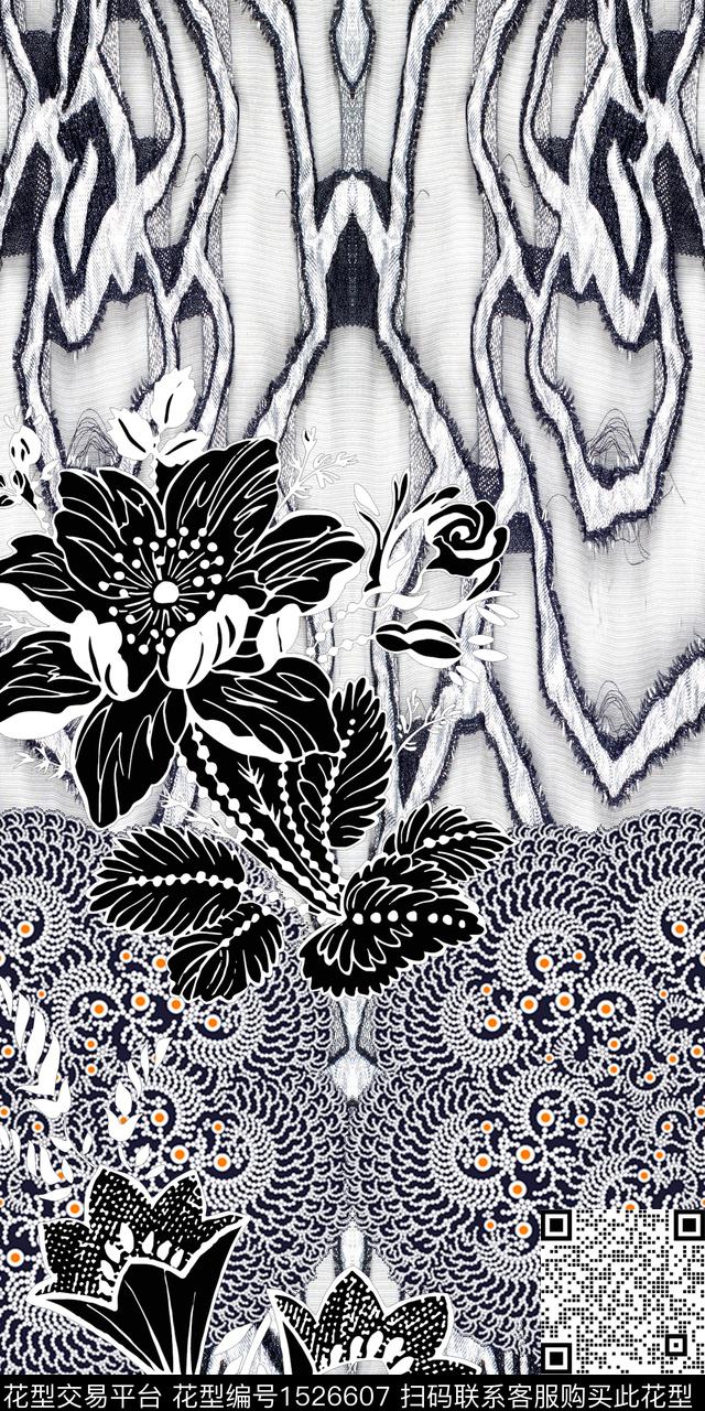 纹理黑底花卉女装定位花数码印花华亿平台下载（图片编号: 1526607） - 瓦栏（Walan）