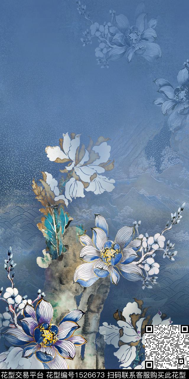 中国风定位花荷花真丝旗袍花数码印花华亿平台下载（图片编号: 1526673） - 瓦栏（Walan）