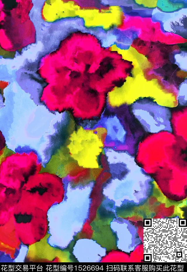 满版散花水彩花卉数码印花华亿平台下载（图片编号: 1526694） - 瓦栏（Walan）
