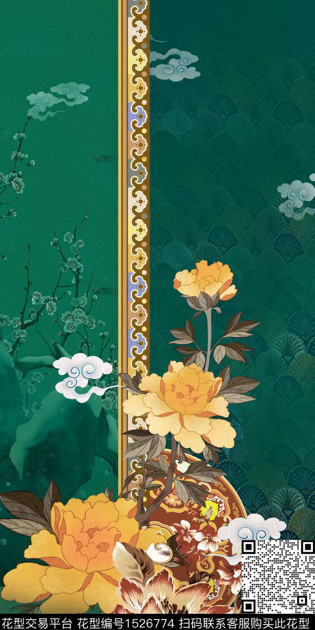 中国风定位花真丝复古旗袍华亿平台数码印花华亿平台下载（图片编号: 1526774） - 瓦栏（Walan）