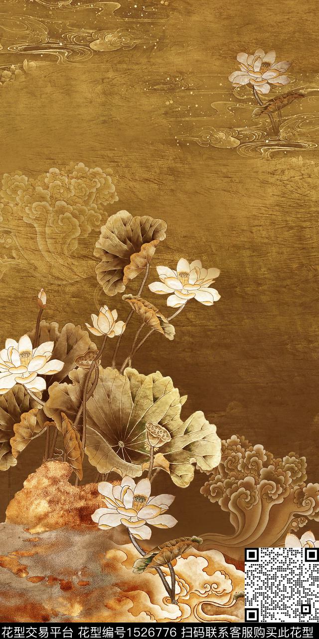 荷花中国风定位花真丝数码印花华亿平台下载（图片编号: 1526776） - 瓦栏（Walan）
