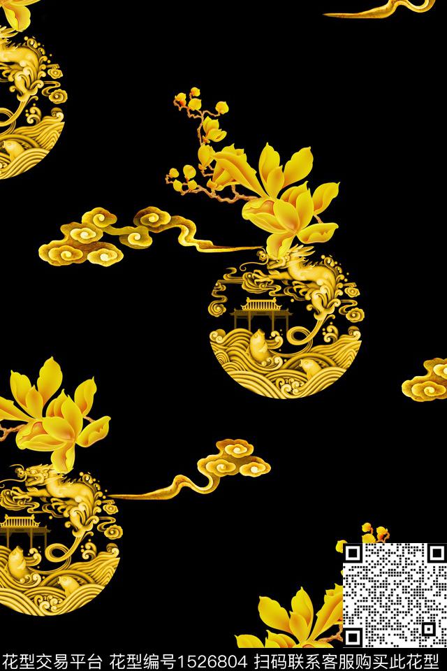 旗袍花卉金色数码印花华亿平台下载（图片编号: 1526804） - 瓦栏（Walan）