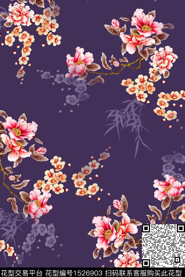旗袍花卉香云纱数码印花华亿平台下载（图片编号: 1526903） - 瓦栏（Walan）