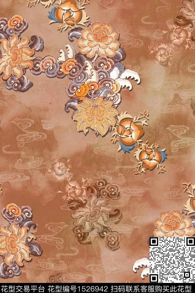 香云纱中国风复古旗袍花数码印花华亿平台下载（图片编号: 1526942） - 瓦栏（Walan）