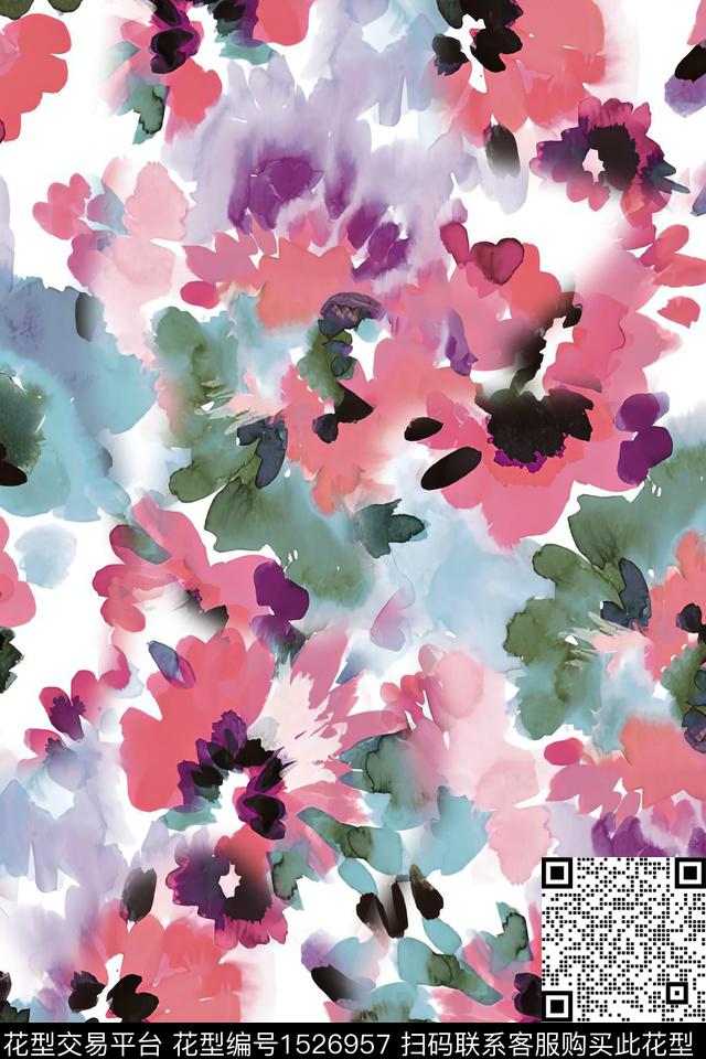 花卉水彩抽象数码印花华亿平台下载（图片编号: 1526957） - 瓦栏（Walan）