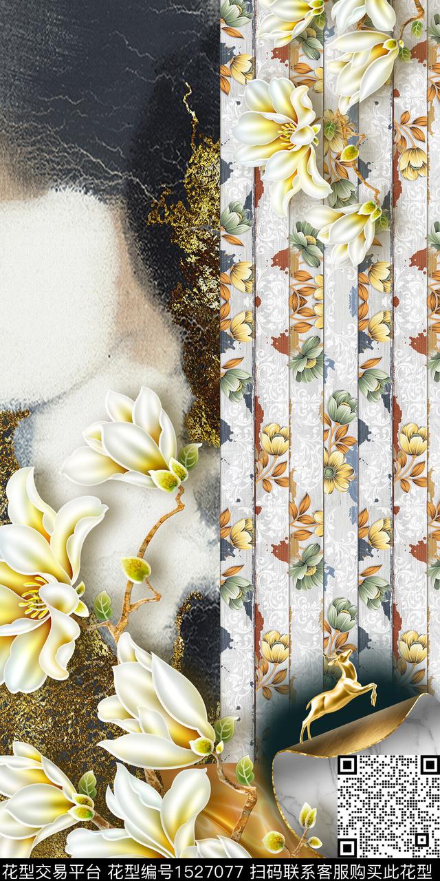 花卉香云纱金色数码印花华亿平台下载（图片编号: 1527077） - 瓦栏（Walan）