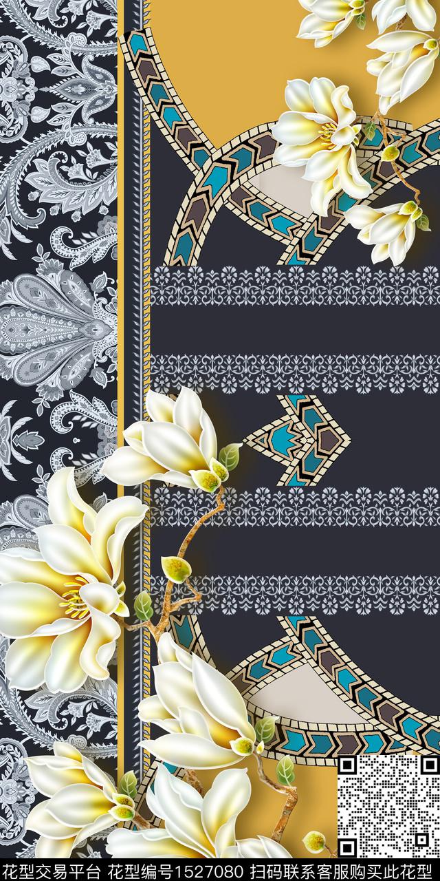 花卉香云纱金色数码印花华亿平台下载（图片编号: 1527080） - 瓦栏（Walan）
