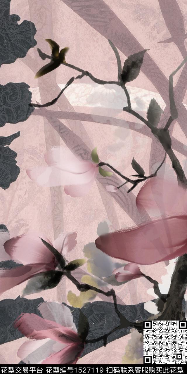 花卉香云纱中国风数码印花华亿平台下载（图片编号: 1527119） - 瓦栏（Walan）