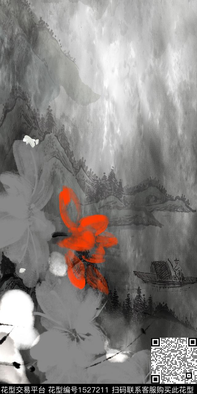 花卉中国风水墨风数码印花华亿平台下载（图片编号: 1527211） - 瓦栏（Walan）