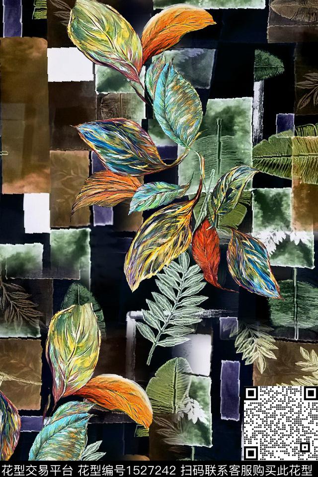 中老年绿植树叶几何数码印花华亿平台下载（图片编号: 1527242） - 瓦栏（Walan）