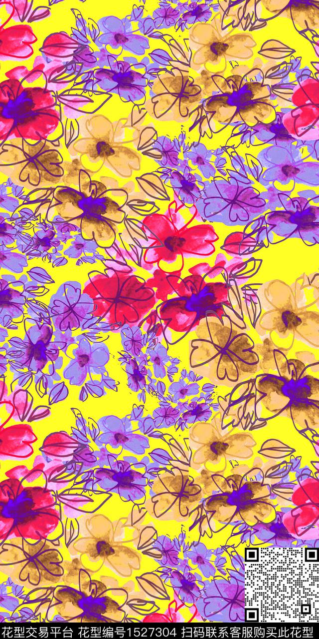线条花花卉春夏华亿平台数码印花华亿平台下载（图片编号: 1527304） - 瓦栏（Walan）