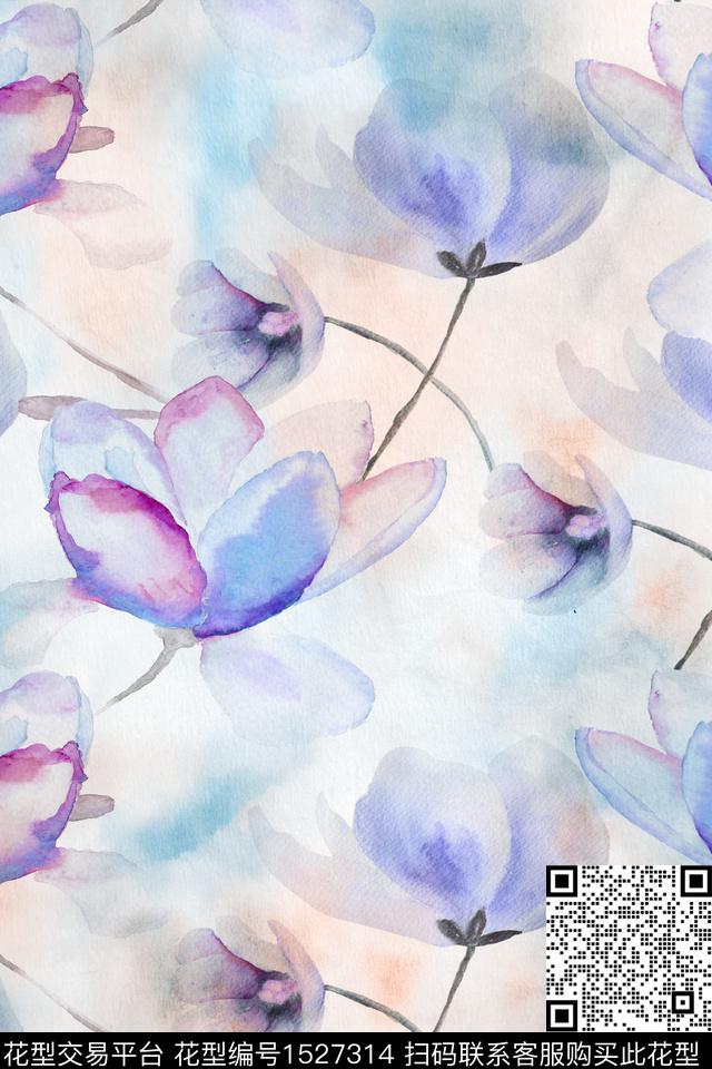 水彩花卉小清新花卉数码印花华亿平台下载（图片编号: 1527314） - 瓦栏（Walan）