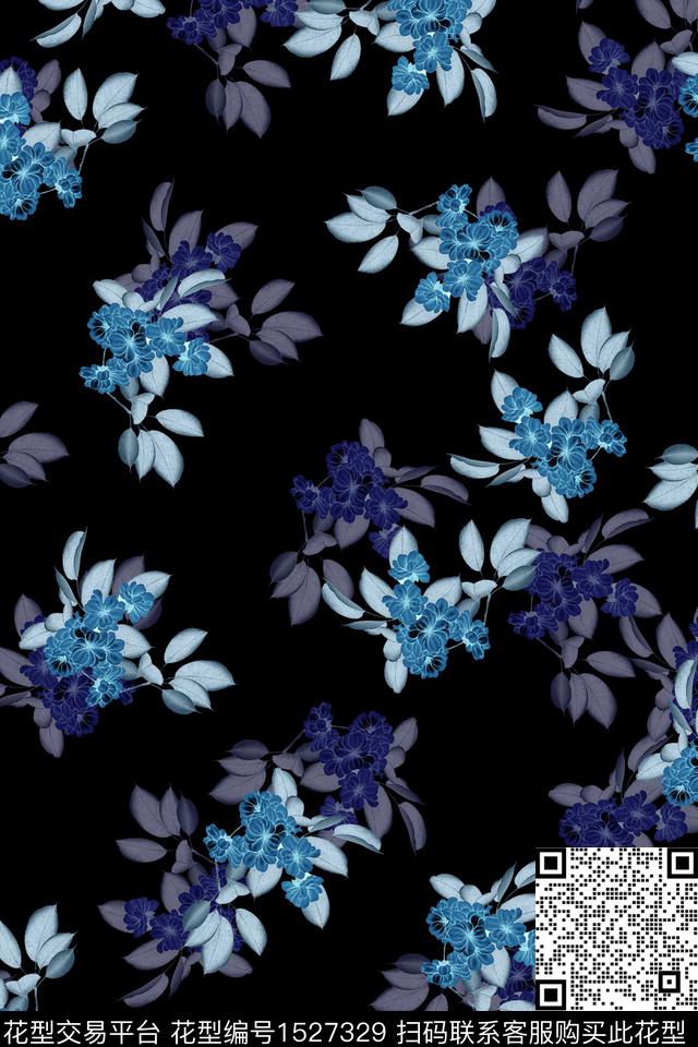 花卉黑底花卉真丝数码印花华亿平台下载（图片编号: 1527329） - 瓦栏（Walan）