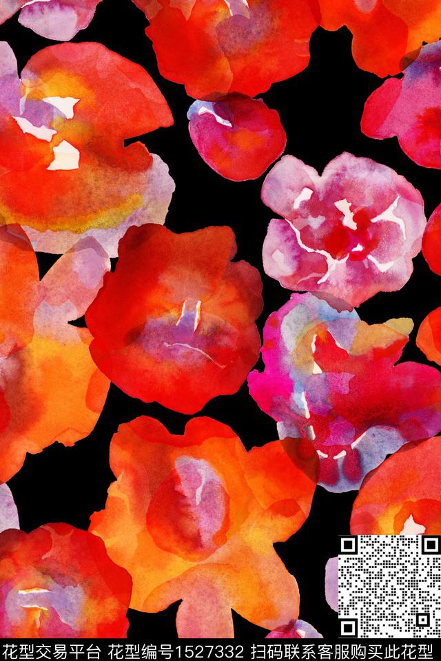花卉黑底花卉抽象花卉数码印花华亿平台下载（图片编号: 1527332） - 瓦栏（Walan）
