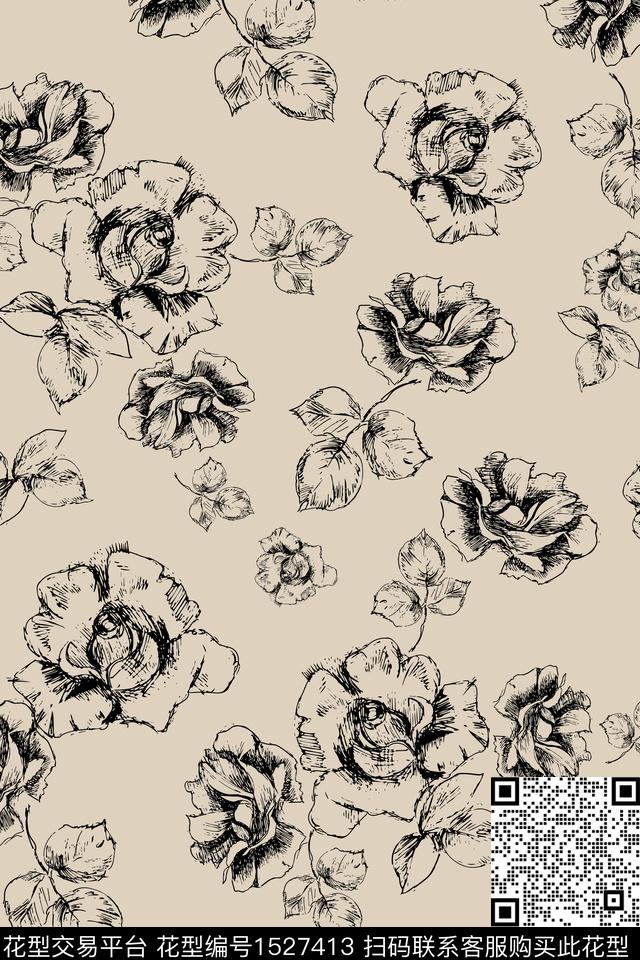花卉小碎花线条花卉数码印花华亿平台下载（图片编号: 1527413） - 瓦栏（Walan）