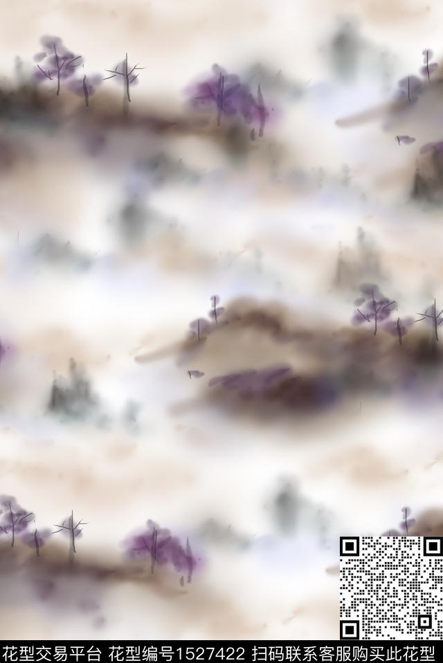 中国风山水风景朦胧花卉数码印花华亿平台下载（图片编号: 1527422） - 瓦栏（Walan）