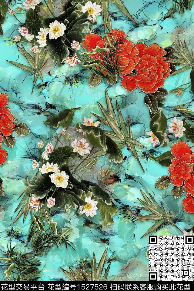 花卉中老年旗袍香云纱数码印花华亿平台下载（图片编号: 1527526） - 瓦栏（Walan）