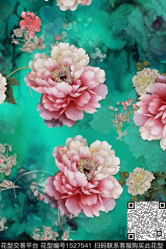 花卉中老年旗袍香云纱数码印花华亿平台下载（图片编号: 1527541） - 瓦栏（Walan）