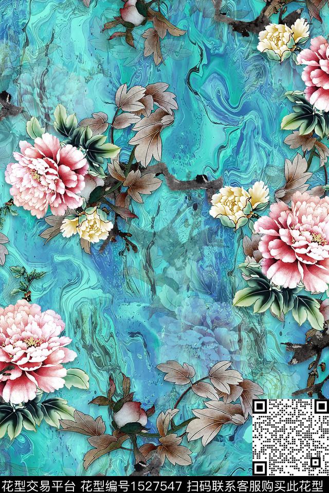 花卉中老年旗袍香云纱数码印花华亿平台下载（图片编号: 1527547） - 瓦栏（Walan）