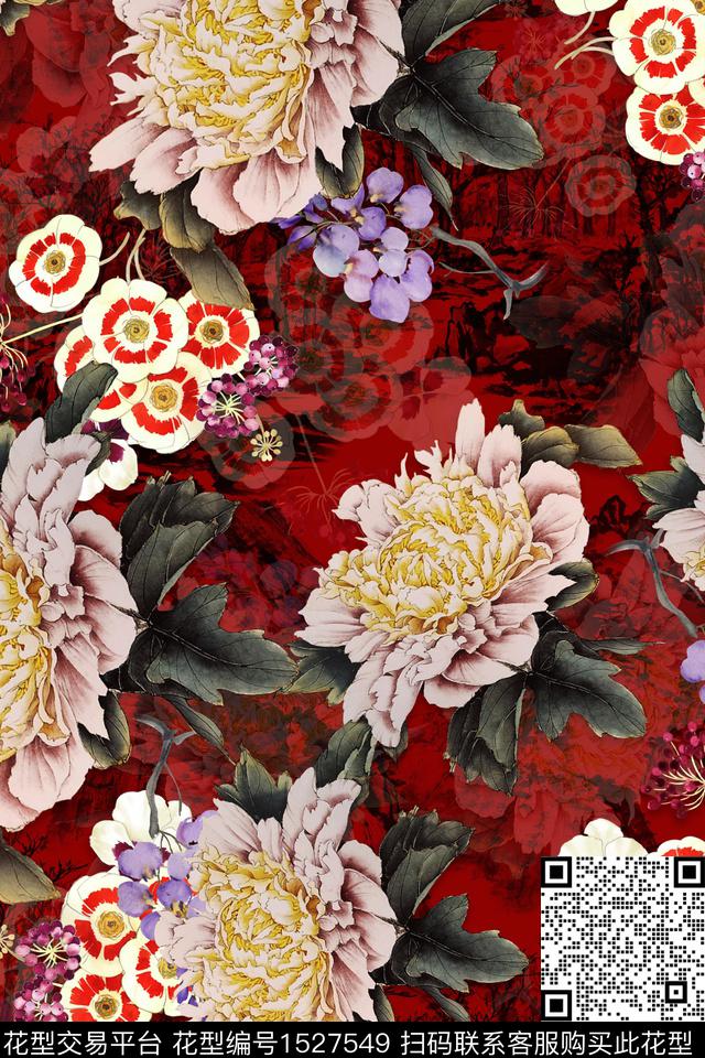 花卉中老年旗袍香云纱数码印花华亿平台下载（图片编号: 1527549） - 瓦栏（Walan）