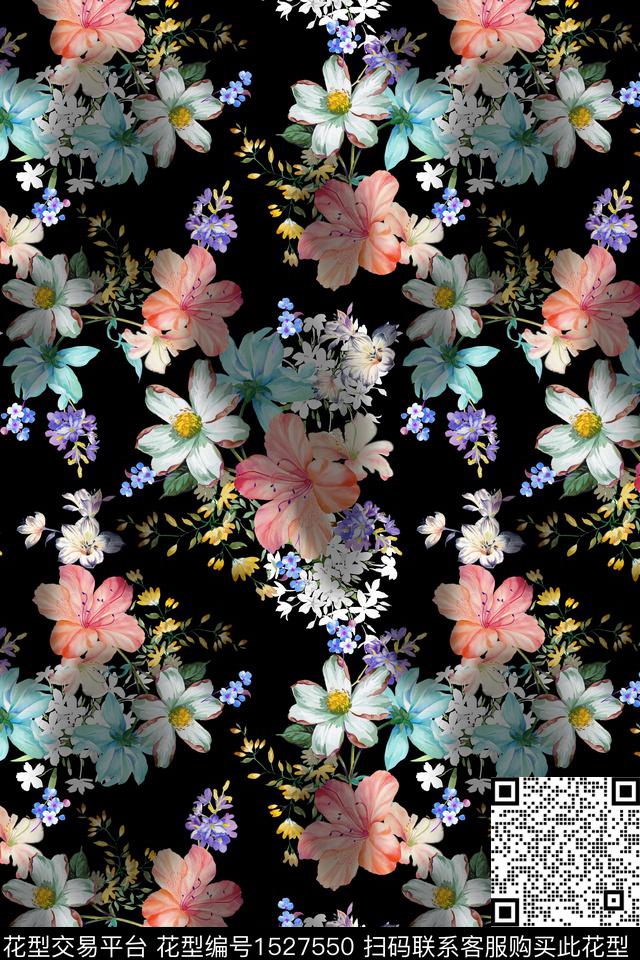 花卉黑底花卉真丝数码印花华亿平台下载（图片编号: 1527550） - 瓦栏（Walan）